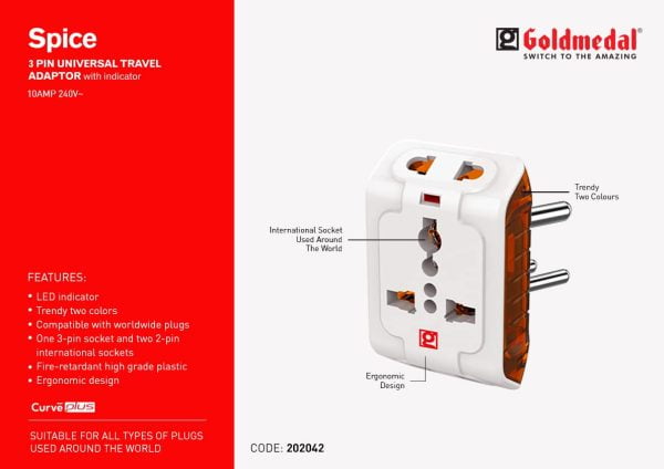 Spice 3 Pin Universal Travel Adapter with Indicator - Image 2